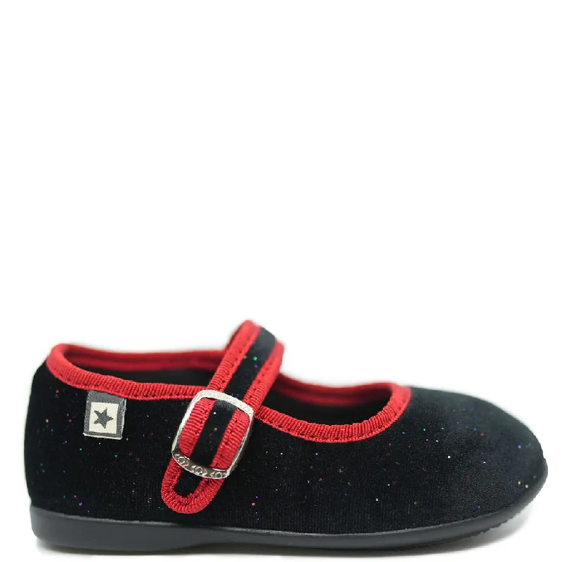 Bonton Black Sparkle Velvet Red Piping Mary Jane