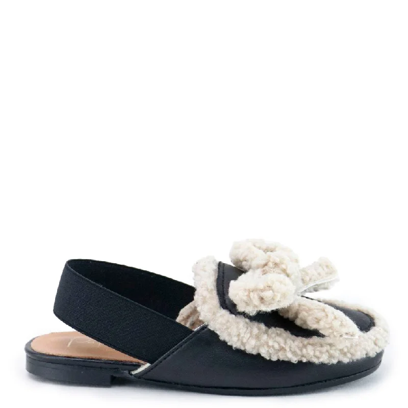 Papanatas Black and White Shearling Bow Mule