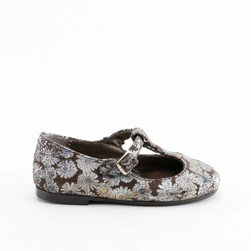 Papanatas Brown and Silver Floral T-Strap Mary Jane