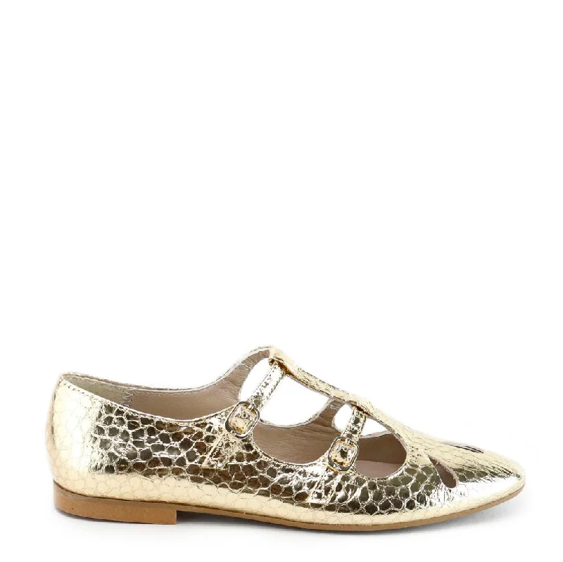 Papanatas Gold Croc Pointed Double Strap Mary Jane