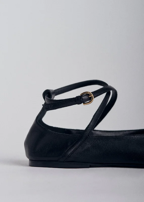 Ankle Strap Ballerina in Chiffon Leather - Black