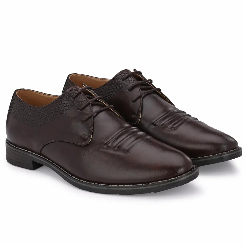 Attitudist Unisex Handcrafted Derby Brown Formal Lace-up Shoes With Round Toe And Textured Vamp