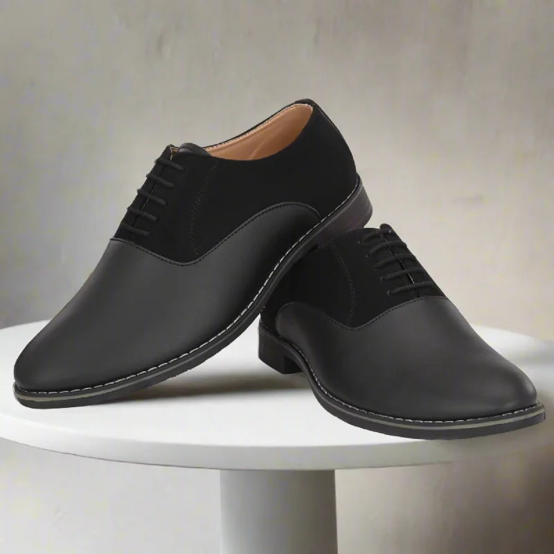 Attitudist Unisex Handcrafted Plain Oxford Matte Gradient Black Formal Derby Shoes With Round Toe